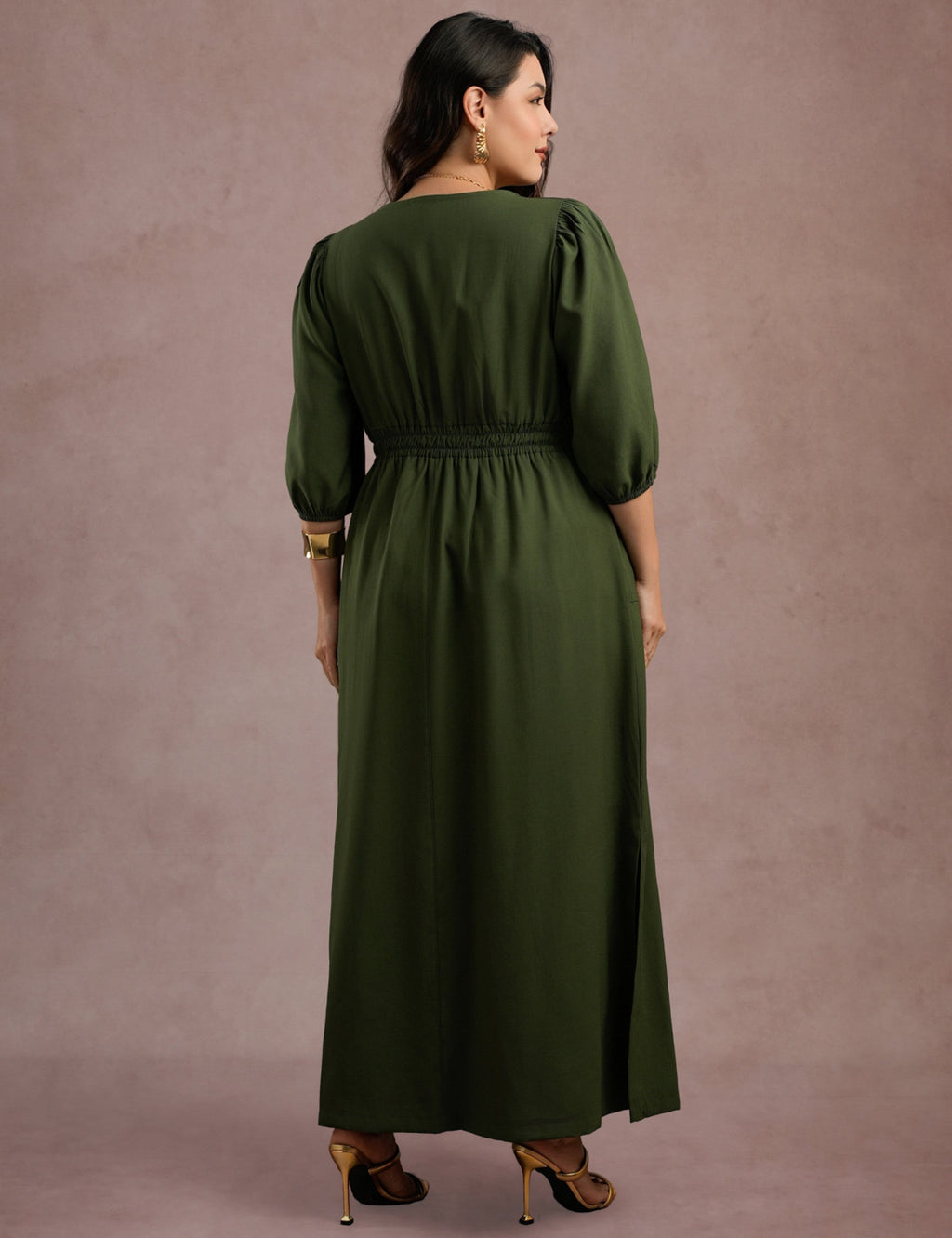 Vestido Longo Com Pesponto Musgo