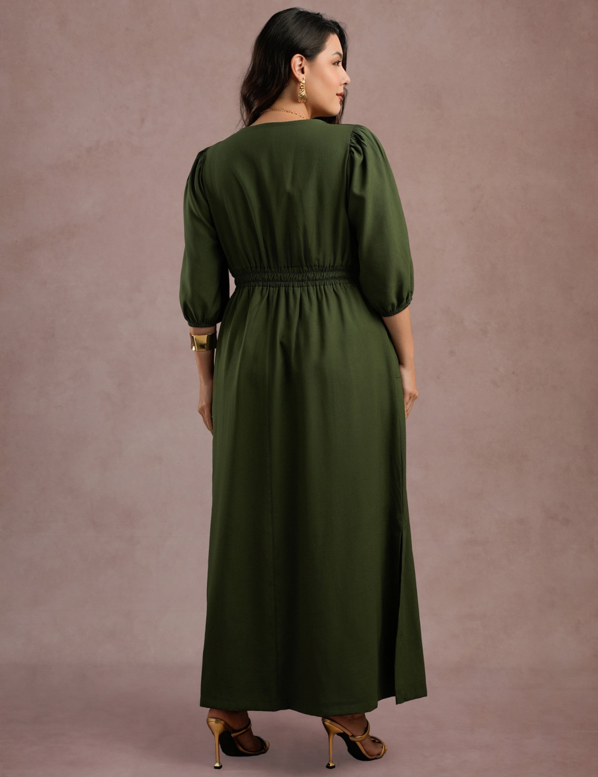 Vestido Longo Com Pesponto Musgo