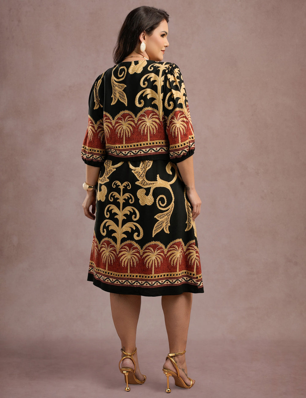 Vestido Midi Barrado Manga 3/4 Preto