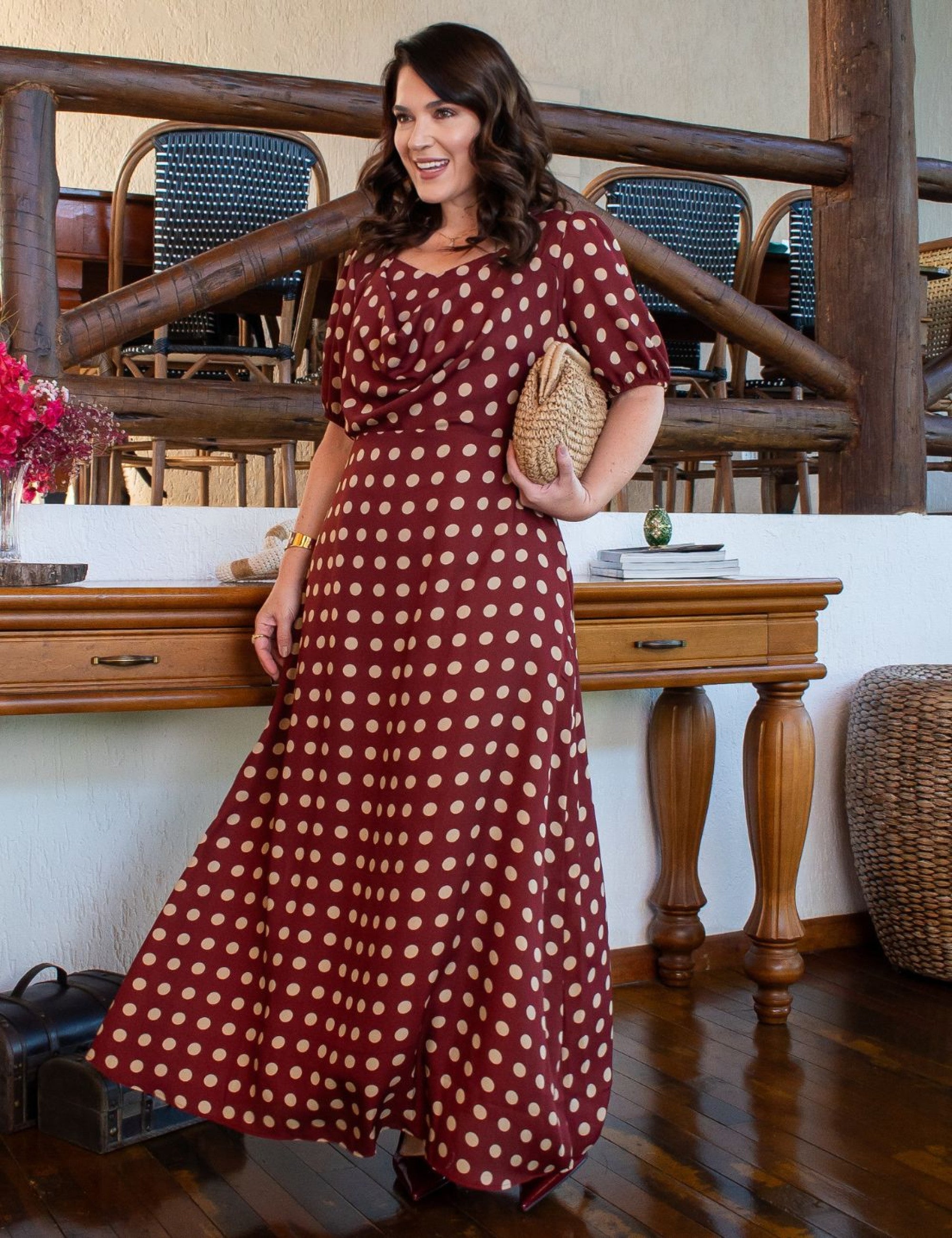 Vestido Longo Poá Gola Boba Vinho