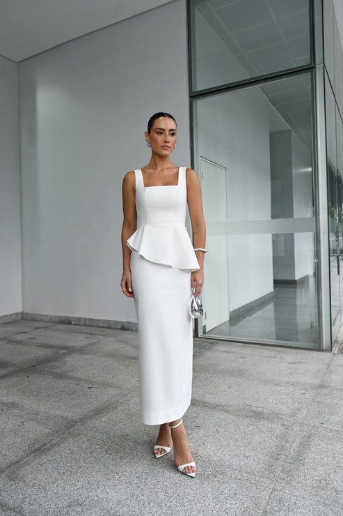 VESTIDO MIDI PEPLUM OFF WHITE