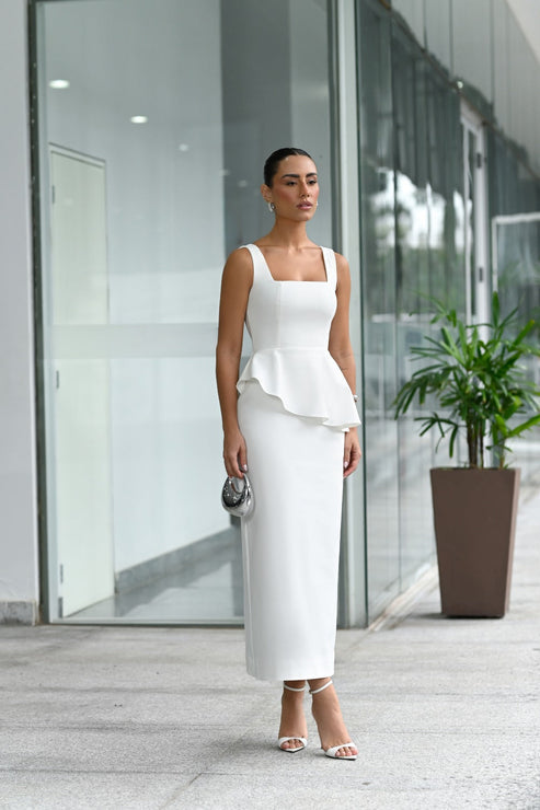 VESTIDO MIDI PEPLUM OFF WHITE