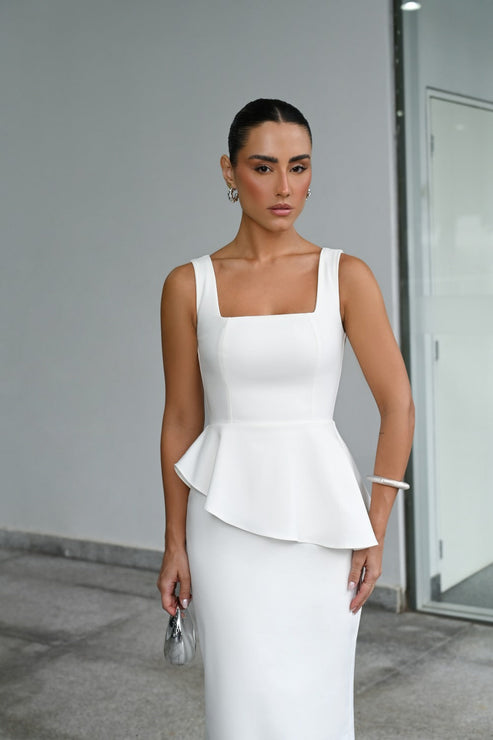 VESTIDO MIDI PEPLUM OFF WHITE