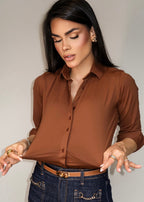 Camisa Feminina Social Manga Longa Ultra Tech Marrom Café