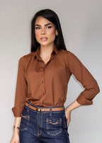Camisa Feminina Social Manga Longa Ultra Tech Marrom Café