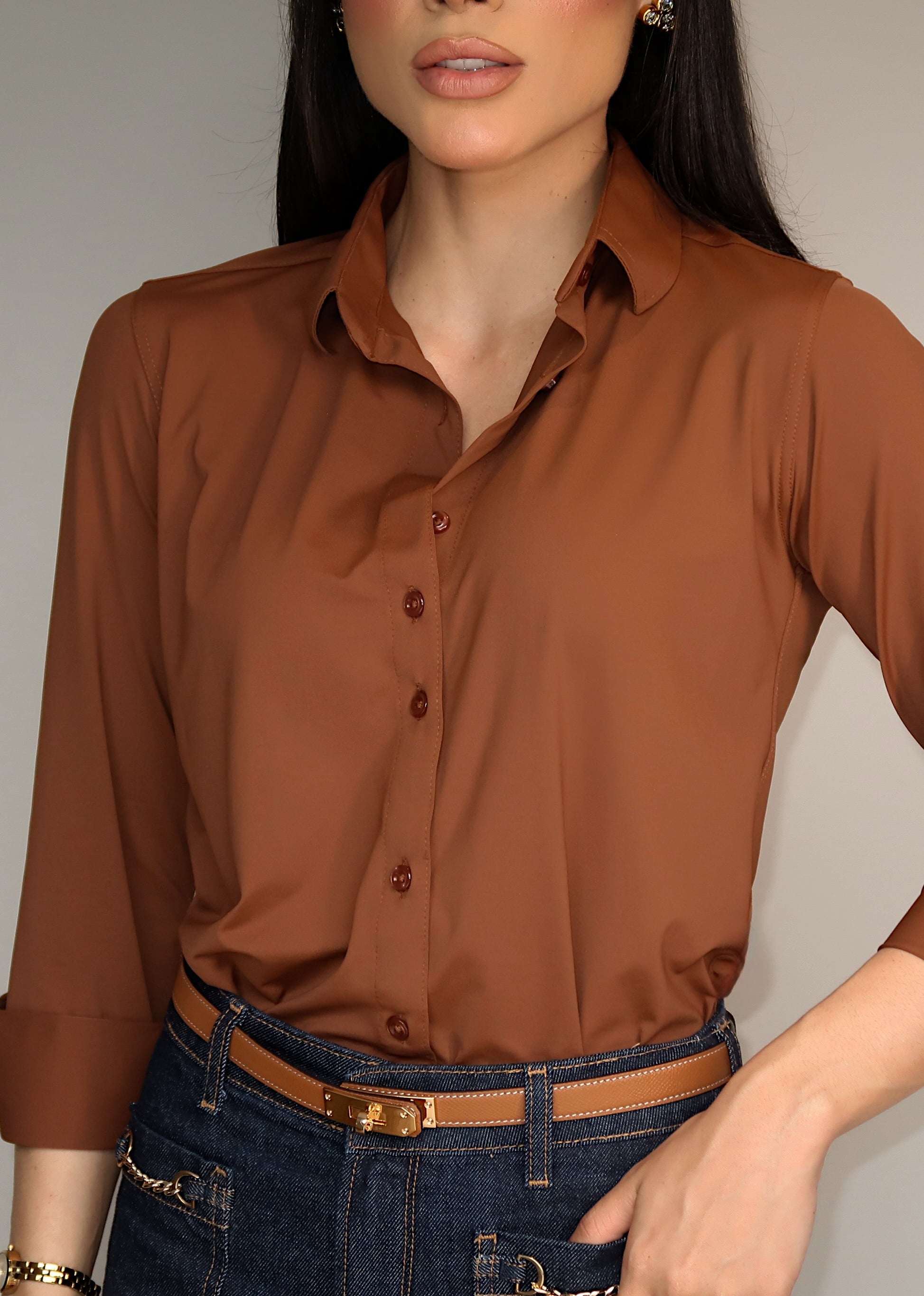 Camisa Feminina Social Manga Longa Ultra Tech Marrom Café