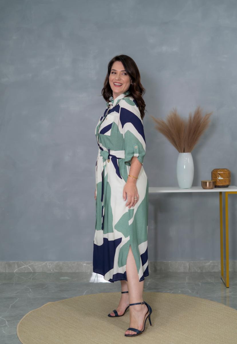 Vestido Viscose Estampado Com Faixa - Cechiq
